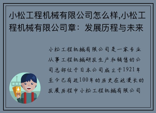 小松工程机械有限公司怎么样,小松工程机械有限公司章：发展历程与未来展望
